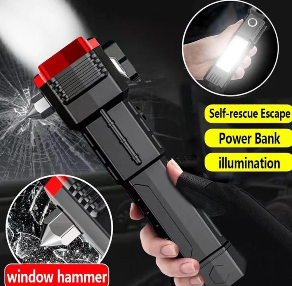 Rechargeable LED Torch Light – Power Bank & Tactical Hammer